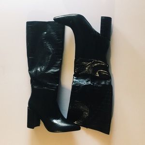 Knee High Black Croc Skin Boots
